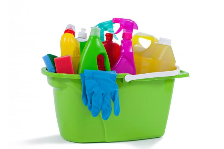Various household cleaning supplies in a bucket The Right Cleaner