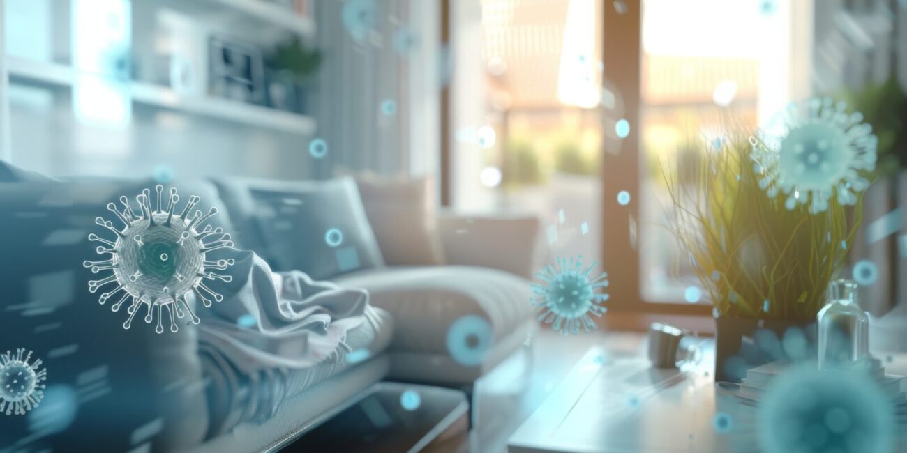 A 3D illustration showing the effect of cleaning on a blurry living room, with a protective shield against germs and viruses, emphasizing hygiene and health