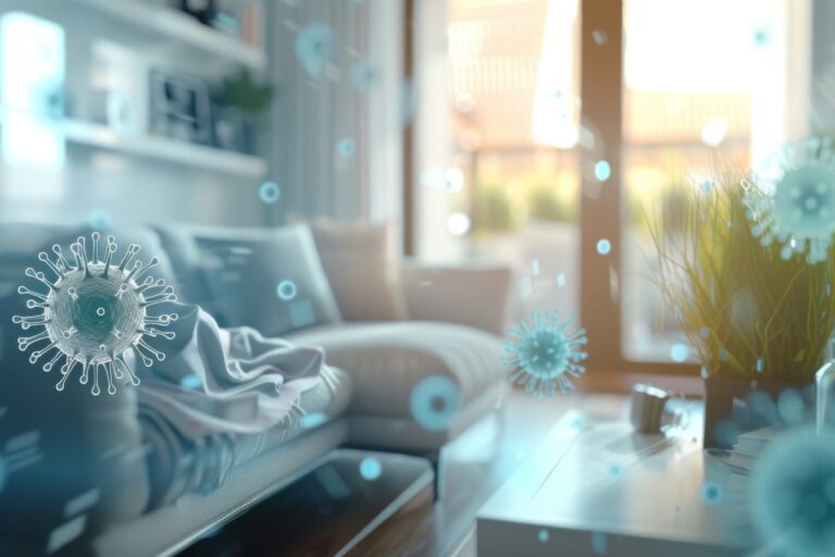 A 3D illustration showing the effect of cleaning on a blurry living room, with a protective shield against germs and viruses, emphasizing hygiene and health